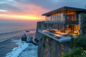 AI generated An elegant cliffside bungalow perched high above rocky shores photo