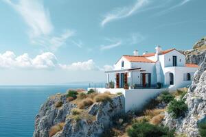 AI generated A Greek-style house perched on a sun-drenched hillside overlooking the sparkling Aegean Sea photo