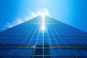 AI generated The blue glass office tower rises majestically towards the sky photo