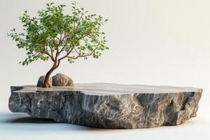 AI generated A minimalist podium inspired by nature, featuring rugged rock textures photo