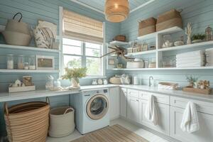 AI generated A coastal-themed laundry room, characterized by soft blue hues photo