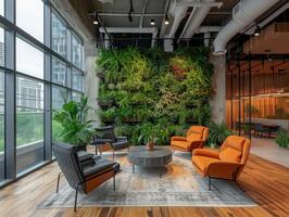 AI generated A modern co-working space with biophilic design elements, including living plant walls, natural wood accents photo