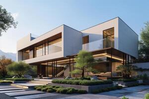 AI generated A modern dwelling rising elegantly amidst the city's bustling streets photo