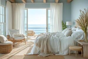 AI generated A coastal-style bedroom oasis, featuring panoramic ocean views photo