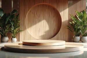 AI generated A minimalist podium inspired by nature, with a sleek wooden texture photo