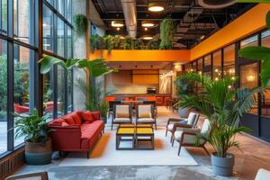AI generated A modern coworking space, characterized by open-plan workstations photo
