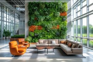 AI generated A biophilic office complex where nature-inspired design elements photo