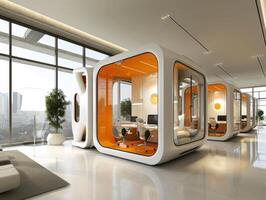 AI generated A futuristic office tower featuring modular pod workspaces photo