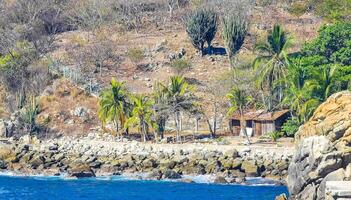 Beautiful rocks cliffs view waves at beach coast panorama Mexico. photo