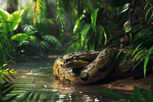 ai generado deslizándose anaconda serpiente bosque tropical. generar ai foto
