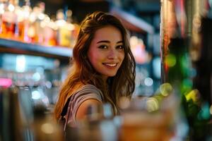 AI generated Lively Attractive young female bartender alcohol. Generate Ai photo