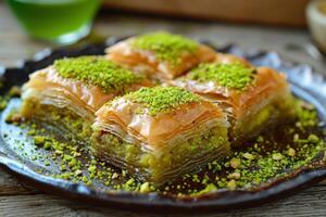 ai generado escamoso baklava árabe postre pistacho. generar ai foto