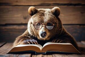 ai generado oso con lentes con abierto libro. generar ai foto