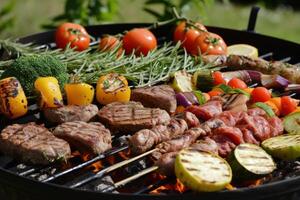 ai generado parilla mesa carne vegetales. generar ai foto