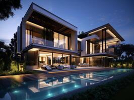 AI generated A modern house nestled within the heart of a bustling metropolis photo
