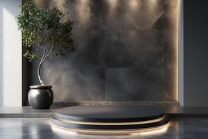 AI generated A sleek podium featuring a dark glossy texture photo