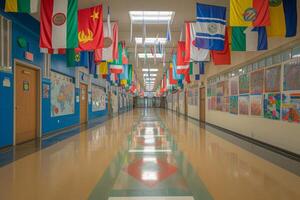 AI generated A school hallway transformed into a gallery of cultural diversity and inclusivity photo