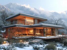 AI generated A Mid-century modern house nestled in the mountains photo