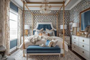 AI generated A Hollywood Regency bedroom, featuring bold patterns photo