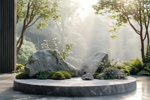 AI generated A sleek podium adorned with elements reminiscent of a peaceful forest glade photo