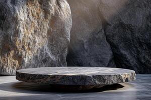 AI generated A minimalist podium adorned with natural rock textures photo