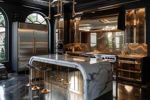 AI generated Art Deco-inspired kitchen, featuring curved lines, metallic finishes photo