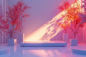 AI generated A minimalist podium adorned with delicate neon trees photo