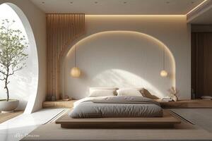 AI generated A minimalist bedroom retreat, characterized by clean lines, neutral tones photo