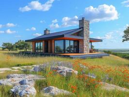 AI generated A Mid-century modern house nestled amidst the vast expanse of the prairie photo