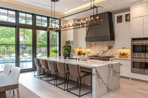 AI generated Elegant and spacious kitchen, featuring marble countertops, custom lighting photo