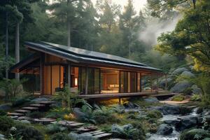 AI generated A sustainable retreat center nestled in a remote wilderness setting photo