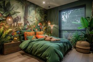 AI generated A jungle-themed kids' bedroom with walls adorned photo