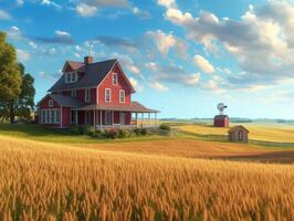 AI generated A ranch house surrounded by endless fields of wheat and corn photo