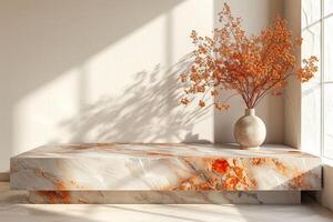 AI generated A minimalist podium adorned with luxurious marble textures photo