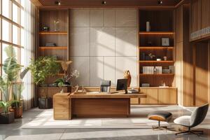 AI generated A minimalist-style office, featuring clean lines, uncluttered spaces photo