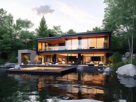 AI generated A contemporary house nestled on the shores of a tranquil lake photo