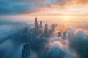 AI generated A city skyline amidst a sea of clouds, where skyscrapers pierce the mist like ancient monoliths rising from the depths photo