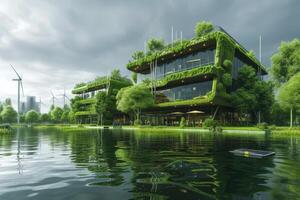 AI generated An eco office building powered by renewable energy sources photo