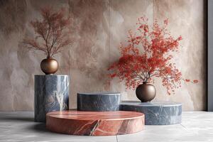AI generated A minimalist podium adorned with luxurious marble textures photo