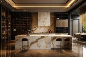 AI generated A luxury kitchen with elegant marble accents, designer fixtures photo