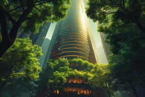 AI generated A daylight scene where an office tower is surrounded by lush urban greenery photo