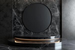 AI generated A sleek podium with a dark glossy finish photo