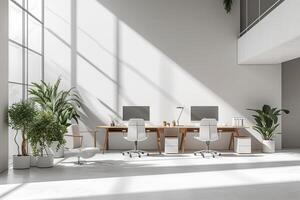 AI generated A minimalist-style office, featuring clean lines, uncluttered spaces photo