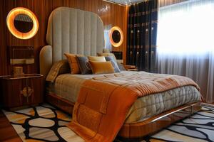 AI generated Art Deco-inspired bedroom with custom-built furniture photo