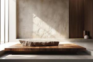 AI generated A sleek podium adorned with a beautiful wooden texture photo