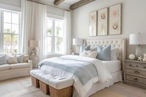 AI generated A coastal-style bedroom, characterized by whitewashed walls photo