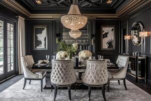 AI generated Art Deco dining room with a monochromatic color palette photo