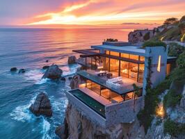 AI generated A contemporary villa perched on a cliff overlooking the sea photo