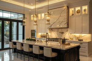 AI generated A luxury kitchen with elegant marble accents, designer fixtures photo