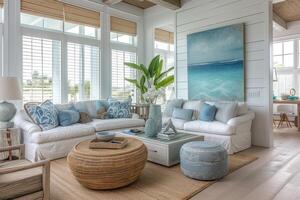 AI generated A coastal living room retreat, complete with coastal-inspired furniture pieces photo